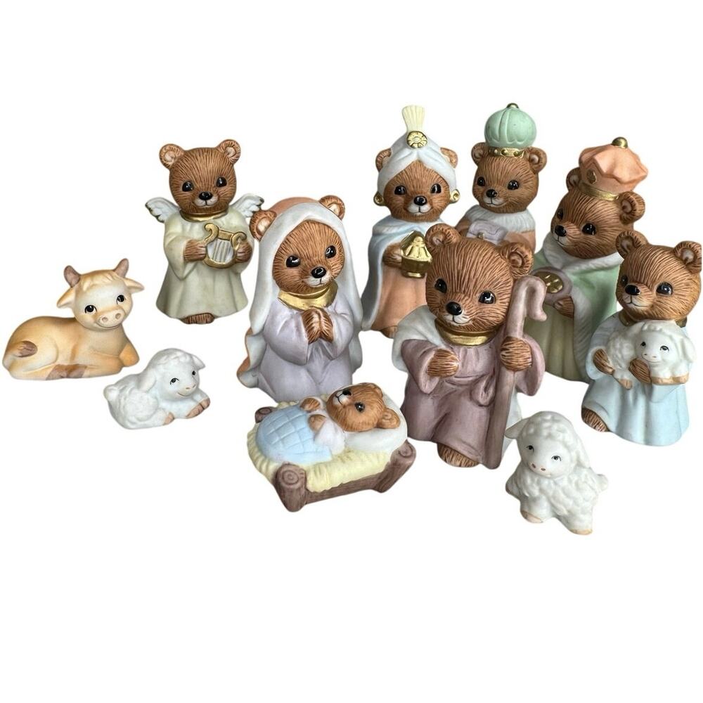 Vintage HOMCO Teddy Bear Nativity Set 11 Piece Pastel Christmas Manger Figurines